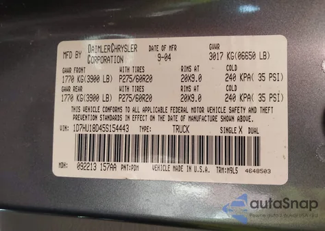 2005 Dodge Ram 1500 Slt/Laramie z USA, uszkodzony, nr VIN 1D7HU18D45S154443